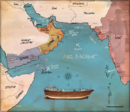 6 mois de voyage terrestre et maritime du Yémen à l‘Inde en passant par le Sultanat d‘Oman, les Émirats Arabes Unis et la raversée de la mer d‘Arabie en cargo.